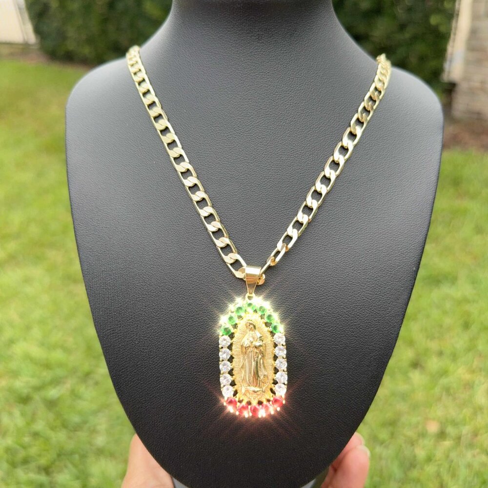 14K GP Virgin of Guadalupe Pendant Cubic Zirconia Miami Cuban Chain 20 Inch 4mm